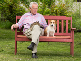 Mann mit Hund auf Sitzbank